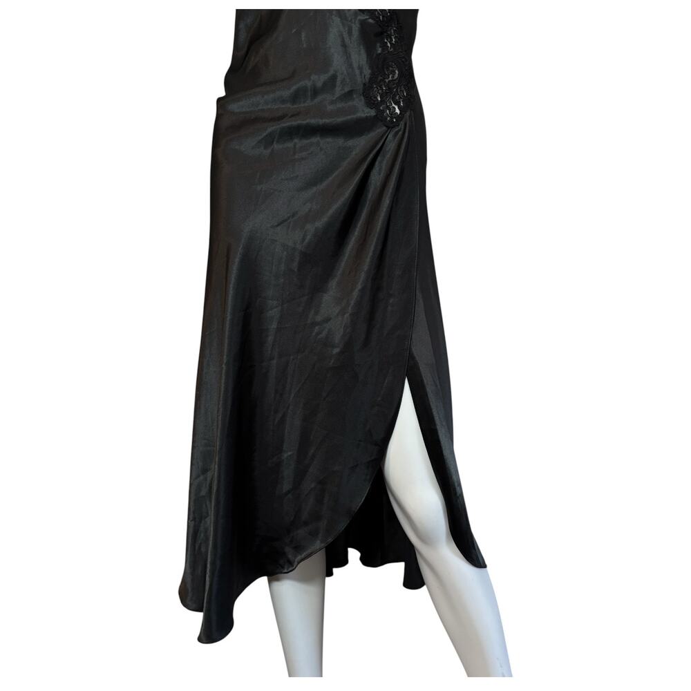 VS Y2K Sleepwear Black Satin Lace Midi Slip Dress Bias Cut thigh high Slit XS - Picture 8 of 12